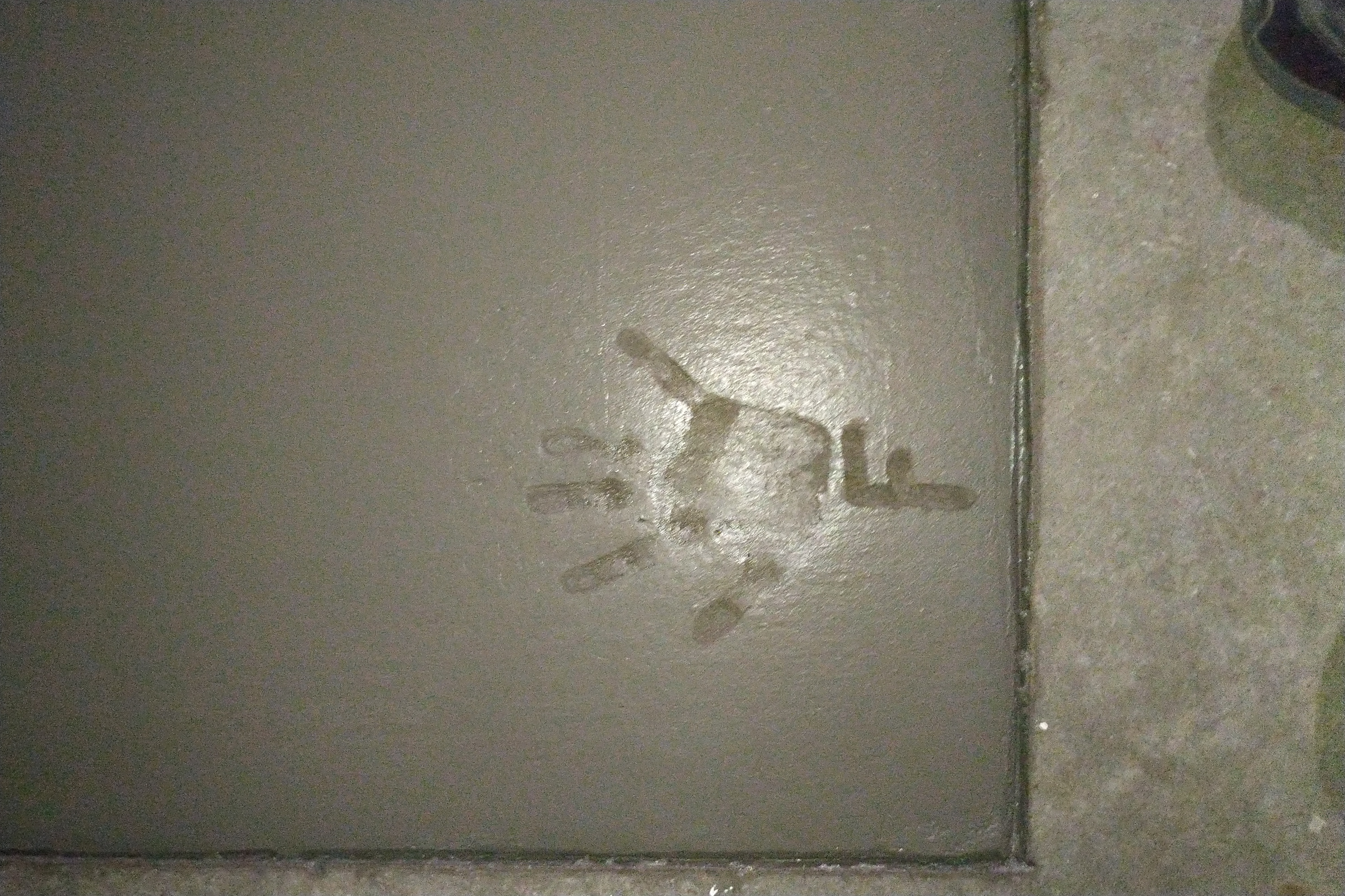 F hand print in concrete